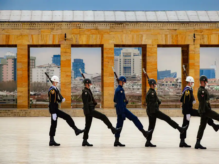A disciplined group of soldiers marching in formation at Anıtkabir, Ankara, Türkiye.