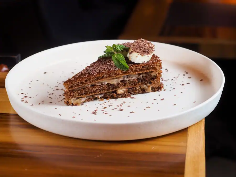 Close-up of a chocolate cake slice garnished with mint and cream, served on a white plate.